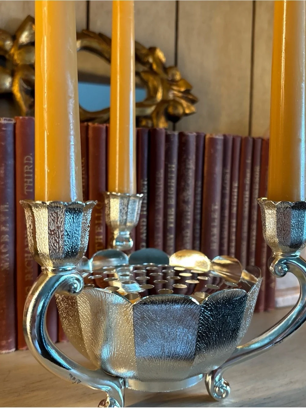 WM A ROGERS Floral Centerpiece with Three Candle Holders